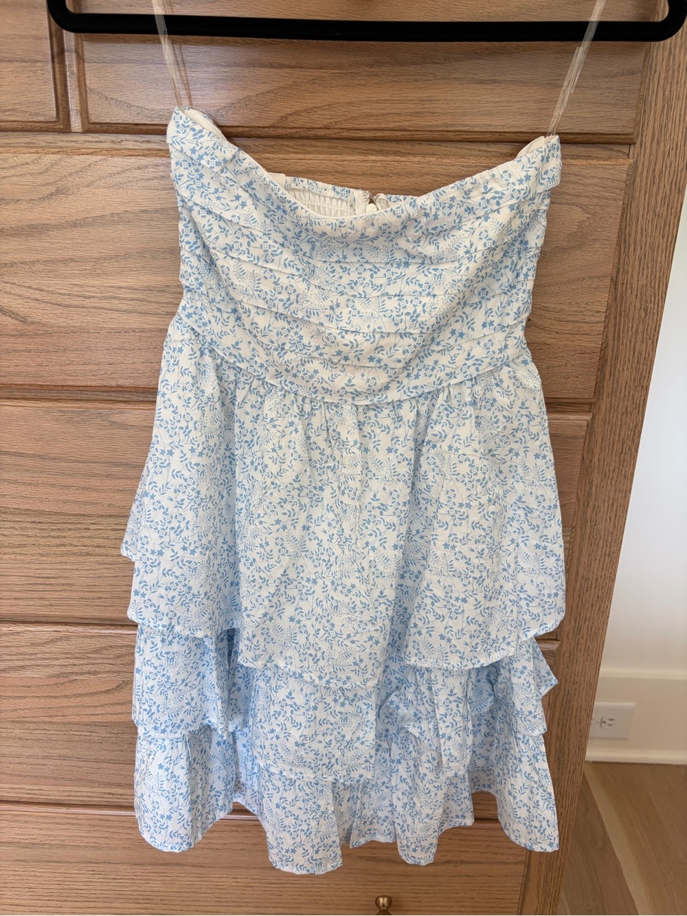 Altar’d State Charly White & Light Blue Floral Strapless Ruffle mini Dress